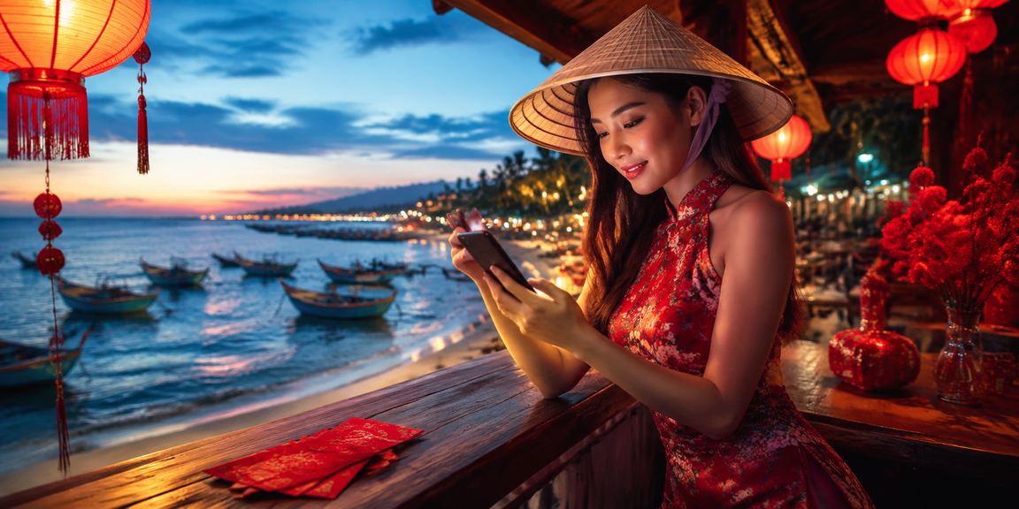 Người phụ nữ đội nón lá tại Mũi Né cầm phong bì đỏ mừng thưởng trên nền tảng fk22